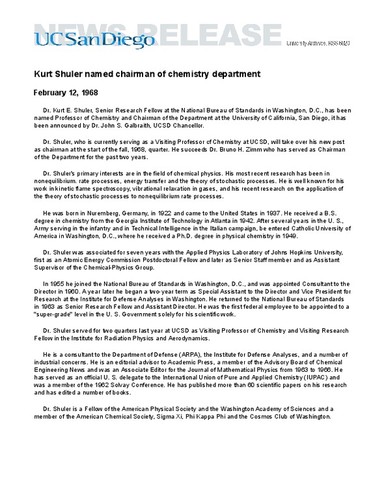 Kurt Shuler named chairman of chemistry department