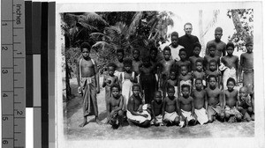 Group portrait of boys after a mass, Solomon Islands, Oceania, 1943