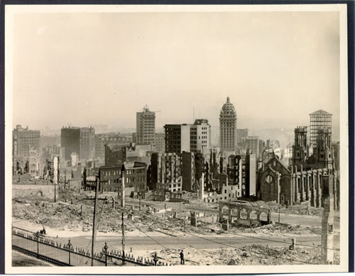 [View of downtown San Francisco in ruins from the corner of Pine and Powell streets]