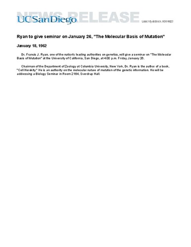 Ryan to give seminar on January 26, "The Molecular Basis of Mutation"