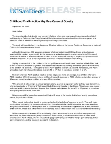 Childhood Viral Infection May Be a Cause of Obesity