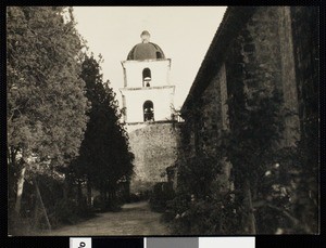 View of the bell tower at Mission Santa Barbara, ca.1910