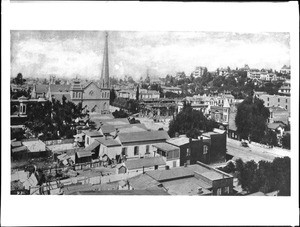 Panoramic view looking south from Nadeau Hotel roof toward Broadway and Second Street, Los Angeles, ca.1885-1886