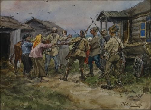 Ivan Vladimirov watercolor of requisition of cattle for the Red Army in a village near Luga