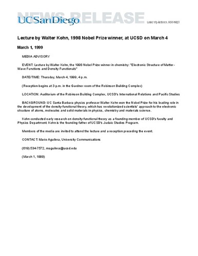 Lecture by Walter Kohn, 1998 Nobel Prize winner, at UCSD on March 4