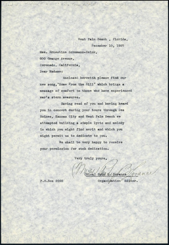 Ruby B. Lorance letter to Schumann-Heink, 1927 December 10