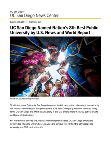 UC San Diego Named Nation’s 8th Best Public University by U.S. News and World Report