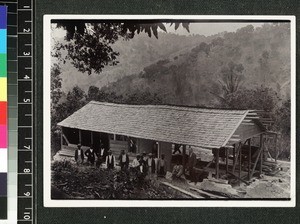 Group of men building temporary church and school, Jamaica, ca. 1910