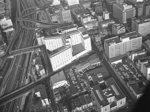 Aerial view of Statler Hilton Hotel, looking north