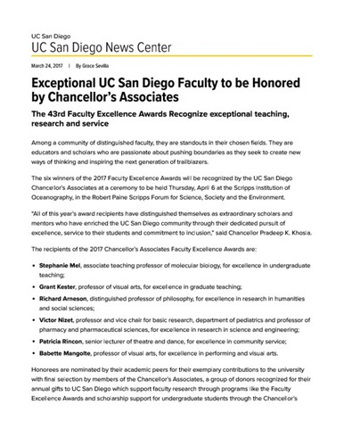 Exceptional UC San Diego Faculty to be Honored by Chancellor’s Associates