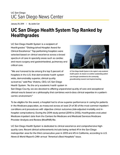 UC San Diego Health System Top Ranked by Healthgrades