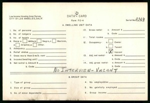 WPA Low income housing area survey data card 193, serial 3369, vacant
