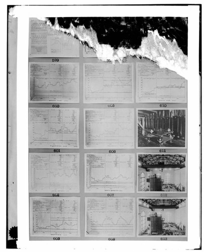 This is a multi-image negative that depicts steam plants, and charts. Undamaged images included on the plate are copies of original negatives: 02 - 00600; 02