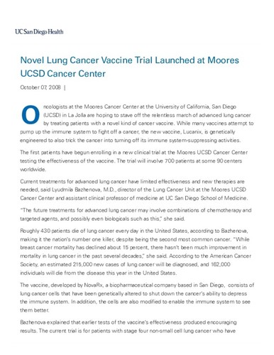 Novel Lung Cancer Vaccine Trial Launched at Moores UCSD Cancer Center