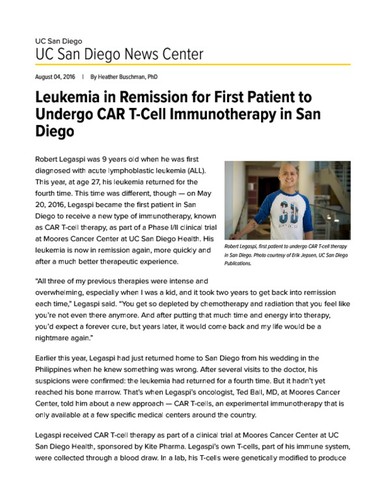 Leukemia in Remission for First Patient to Undergo CAR T-Cell Immunotherapy in San Diego
