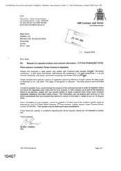 [Letter from Blake Tanner to Nigel regarding request for cigarette analysis and customs information]