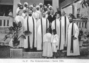 Fra indvielsen af den ombyggede kirke i Saron, Tiruvannamalai, 1904. Missionær Viggo Ernst Møller stod for byggeriet