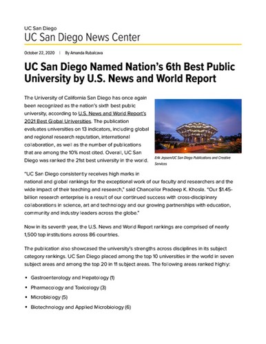 UC San Diego Named Nation’s 6th Best Public University by U.S. News and World Report