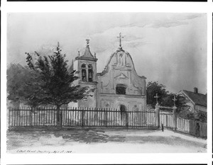 Painting depicting the exterior of the Catholic church at Mission San Carlos Borromeo de Carmelo, Monterey, April 1, 1889