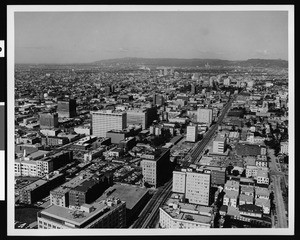 Birdseye view of Los Angeles, looking west over Sixth Street, 1967