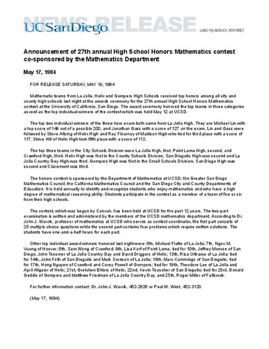 Announcement of 27th annual High School Honors Mathematics contest co-sponsored by the Mathematics Department