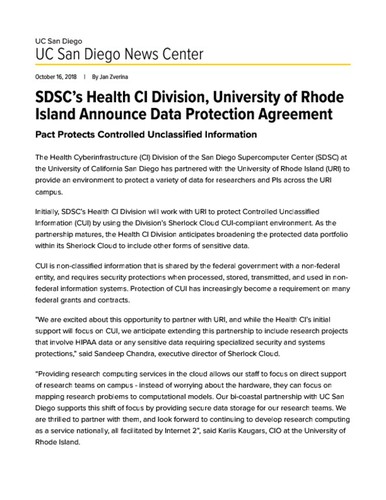 SDSC’s Health CI Division, University of Rhode Island Announce Data Protection Agreement