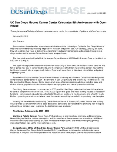 UC San Diego Moores Cancer Center Celebrates 5th Anniversary with Open House--The region's only NCI-designated comprehensive cancer center honors patients, physicians, staff and supporters