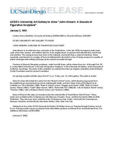 UCSD's University Art Gallery to show "John Ahearn: A Decade of Figurative Sculpture"