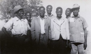 A group of African men in Nakato : Situmbeko, W. Nganga, Alexander, Meebelo, J. Sikombwa, Kabika, Liswaniso