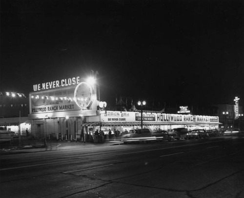 Hollywood Ranch Market at night, view 1