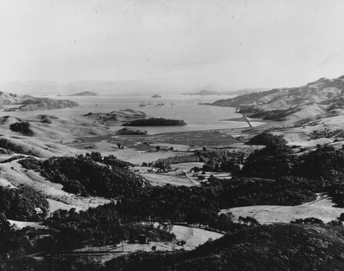 Early view of Mill Valley and the San Francisco Bay from Summit Avenue in the hills