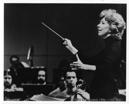 Music Professor Frances Steiner conducting orchestra