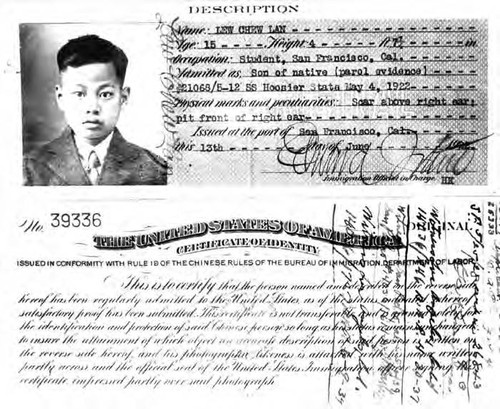 Copy of "Certificate of Identity" given to Lew Chew Lan