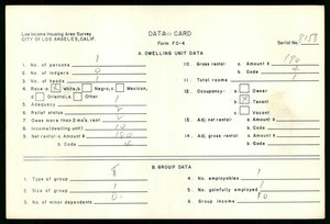 WPA Low income housing area survey data card 20, serial 8158