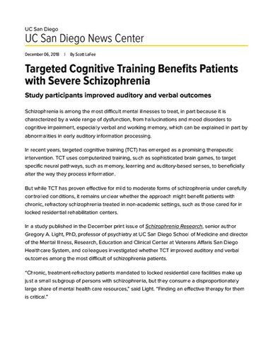 Targeted Cognitive Training Benefits Patients with Severe Schizophrenia