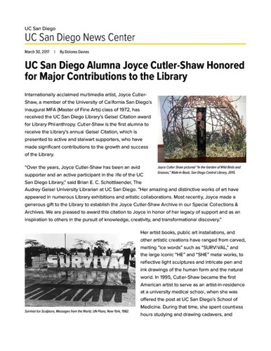 UC San Diego Alumna Joyce Cutler-Shaw Honored for Major Contributions to the Library
