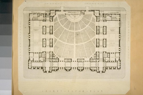 [First Floor Plan. Photographic reproduction of architectural drawing for Civic Center Exposition Auditorium.]