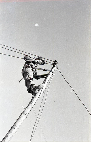 Soldier stringing wire on a pole in Korea