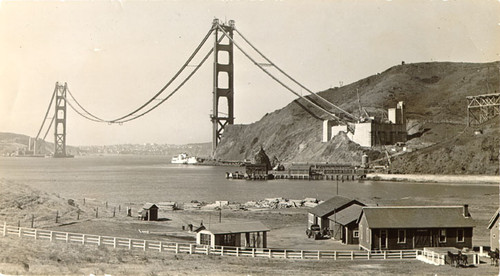 [View of the Golden Gate Bridge while under construction]