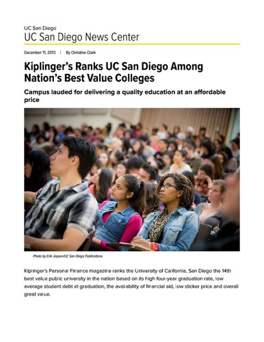 Kiplinger’s Ranks UC San Diego Among Nation’s Best Value Colleges