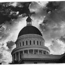 View of the California State Capitol dome on a day when storm clouds gathered