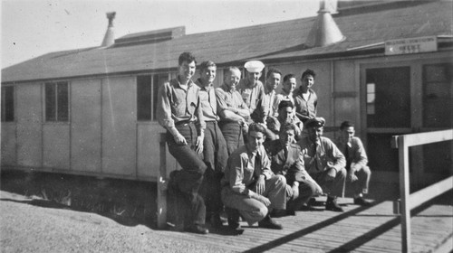 Group of Navy men in front of building at the United Staves Naval Convalescent Hospital in Cherry Valley, California