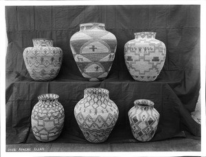 A collection of Apache Indian baskets (ollas) on display, ca.1900