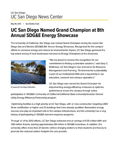 UC San Diego Named Grand Champion at 8th Annual SDG&E Energy Showcase