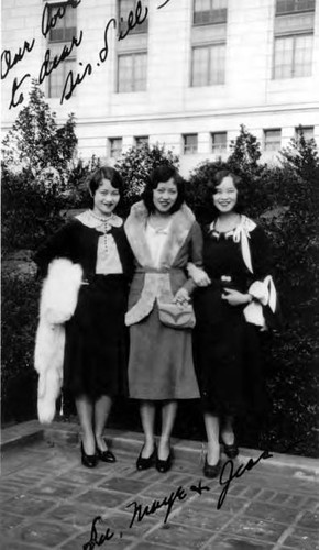 A picture of Lillie Soo Hoo's sisters: Lu, Maye and Jesse. Message reads, "Our love to dear Sis Lill. Lu, Maye & Jess-"