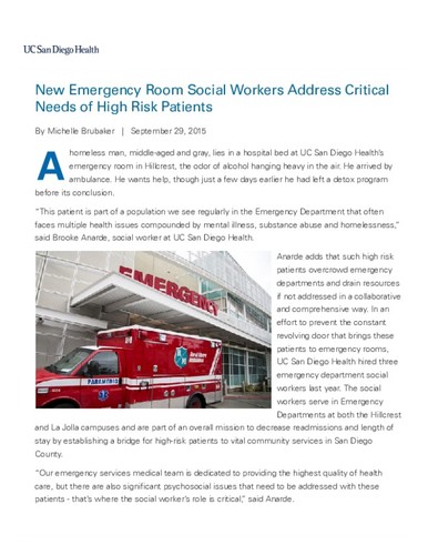 New Emergency Room Social Workers Address Critical Needs of High Risk Patients