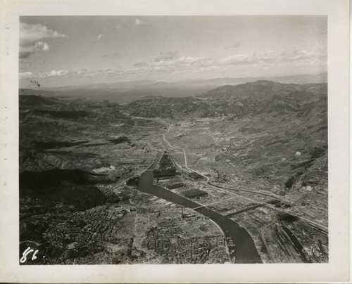 Nagasaki, bomb dropped midway in the upper center, looking north, Aug. 9, 1945