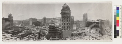 [Panoramic view of downtown San Francisco during reconstruction. View looking northwest from behind Call Building (center) toward Nob Hill and Fairmont Hotel (center distance).]