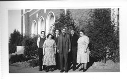 J. F. Triggs family--Delbert "Deb" Triggs, Belle (Mrs. J. F.), Arthur Triggs, J. F. Triggs, Dutch Triggs and Ruth Triggs Karutz--beside Analy High School, May 1941