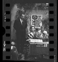 Congressman George Brown, actors Donna Reed and Dick Van Dyke holding press conference about Secretary of Peace campaign, 1968